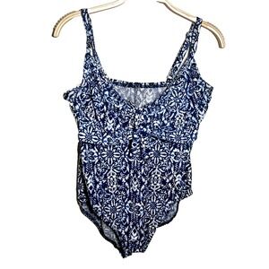 Miraclesuit One Piece Swimsuit Blue Floral Front Tie Mixed Geometric Print Sz 12